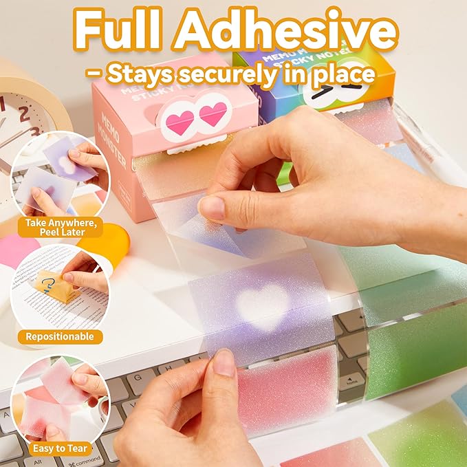2PCS Monster Sticky Notes – Glittery Semi-Transparent Full-Adhesive Sticker Notes with Cute Monster Box, 105 Sheets for School Supplies, Office Products, Journaling, Scrapbooking & Labels
