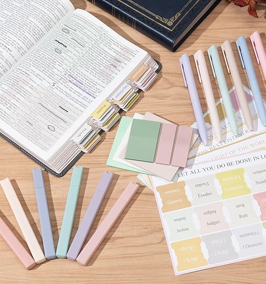 30 Pcs Bible Journaling Kit, Colored Bible Study Supplies, 12 Pastel No Bleed Highlighters and 6 Colored Pens, Transparent Sticky Notes and Bible Tabs Set and More, Book Annotation Kit for Women & Men