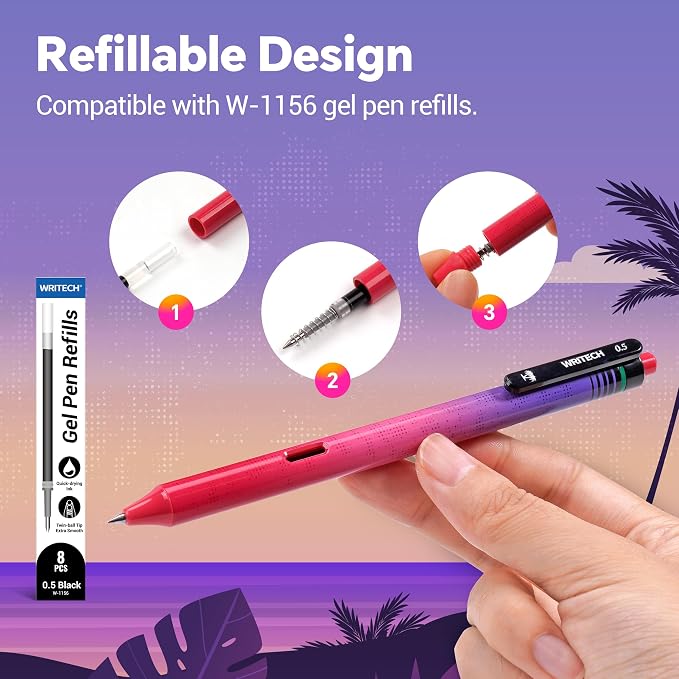 WRITECH Black Ink Gel Pens: Retrowave 0.5mm Fine Point Silent Click 8ct | Smooth Writing Refillable No Bleed Smudge Resistant for Everyday Writing Journaling Planning School Office and Crafting