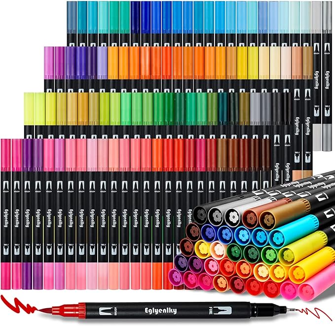 Eglyenlky Colored Markers for Adult Coloring Books, Dual Tip Brush Pens with 100 Watercolor Fine Tip Markers and Brush pens for Kids Drawing Calligraphy