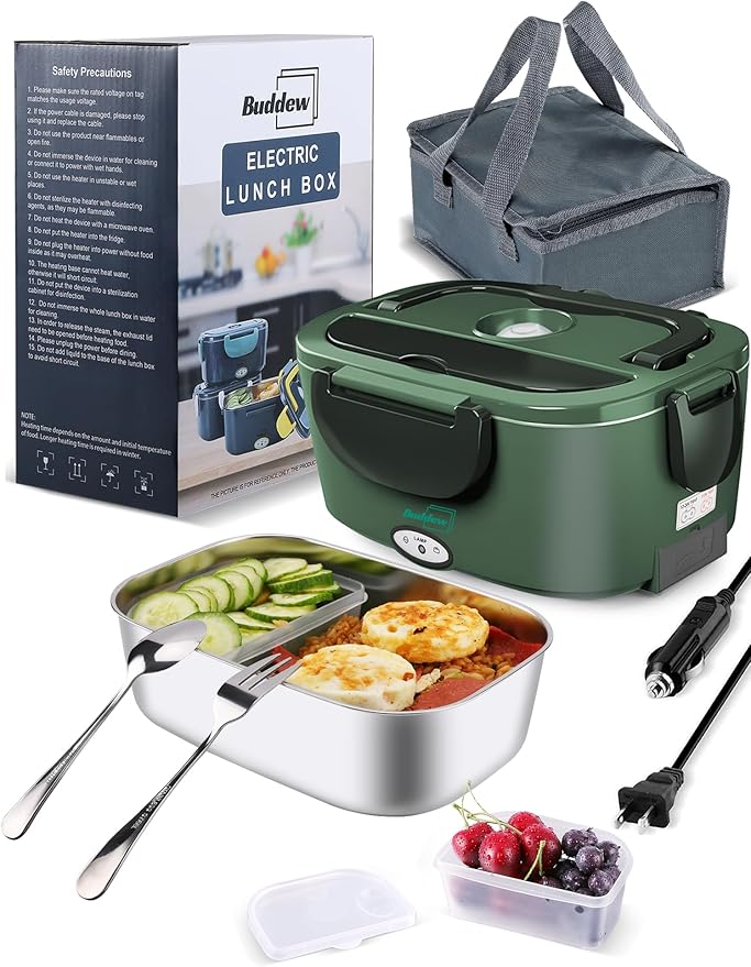 Buddew Electric Heated Lunch Box, 80W Fast Heating, 1.5L Food-Grade 304 Stainless Steel, 12V/24V/110V Portable Food Warmer for Car Truck Office Adults, Lonchera Electrica Portatil (Dark Green)