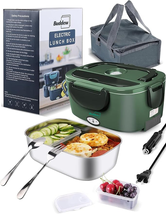Buddew Electric Heated Lunch Box, 80W Fast Heating, 1.5L Food-Grade 304 Stainless Steel, 12V/24V/110V Portable Food Warmer for Car Truck Office Adults, Lonchera Electrica Portatil (Dark Green)