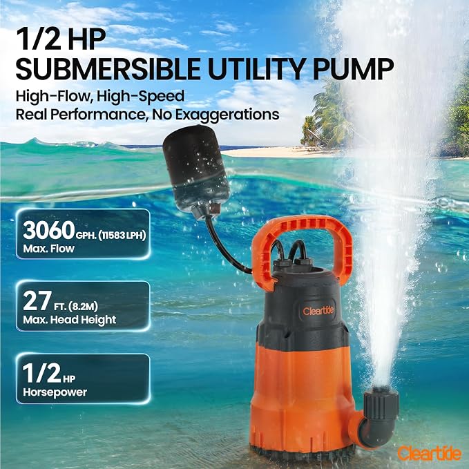Submersible Water Sump Pump with Float Switch, 1/2 HP 3060 GPH High Flow, Ideal for Yard and Flooded Cellar, Hot Tub, Garden Irrigation, Debris-Handling up to 3/8"