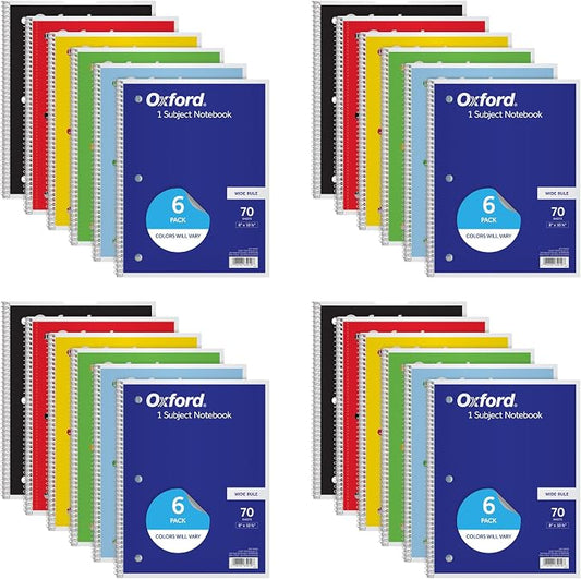 Oxford Spiral Notebooks,1 Subject,Wide Ruled Notebooks for School,8 x 10.5 Inches,70 Sheets,Assorted Colors,Back to School Supplies (65010),6 Count (Pack of 4)