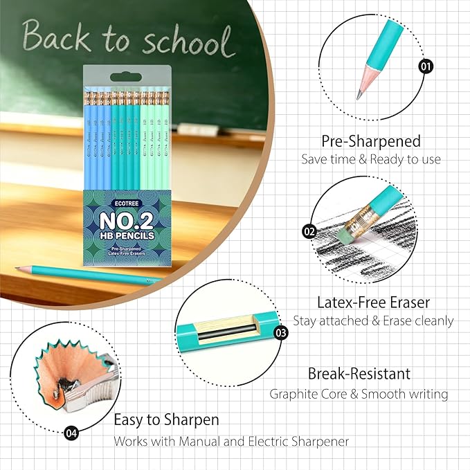 ECOTREE Pencils #2 Pre-Sharpened Pencils for Kids Number 2 Pencil with Erasers for School, Writing, 12 Count