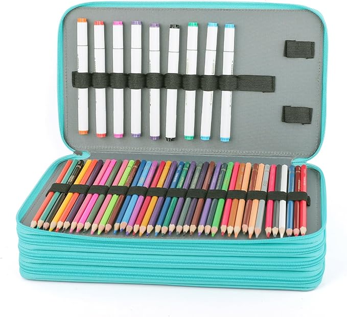 Vomgomfom 300 Slots Marker Bag, 4-Layer Zipper Portable Art Supply Organizer, PU Leather Large Capacity Marker Case Holds 100 Markers or 300 Colored Pencils with Handle (Green)