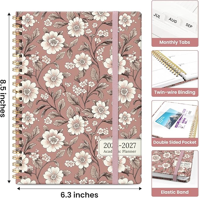 Planner 2026-2027, Academic Monthly and Weekly Calendar Planner for Women, July 2026 - June 2027, Hardcover Pretty Agenda Planner Book with Tabs, Spiral Daily Organizer for School Office Home Supplies, 6.3" x 8.5" - Blush Petals