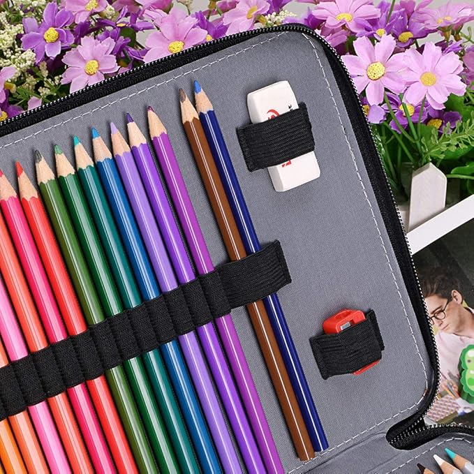 BTSKY 200 Slots Colored Pencil Organizer - Deluxe PU Leather Pencil Case Holder With Removal Handle Strap Pencil Box Large for Colored Pencils Watercolor Pencils Brown