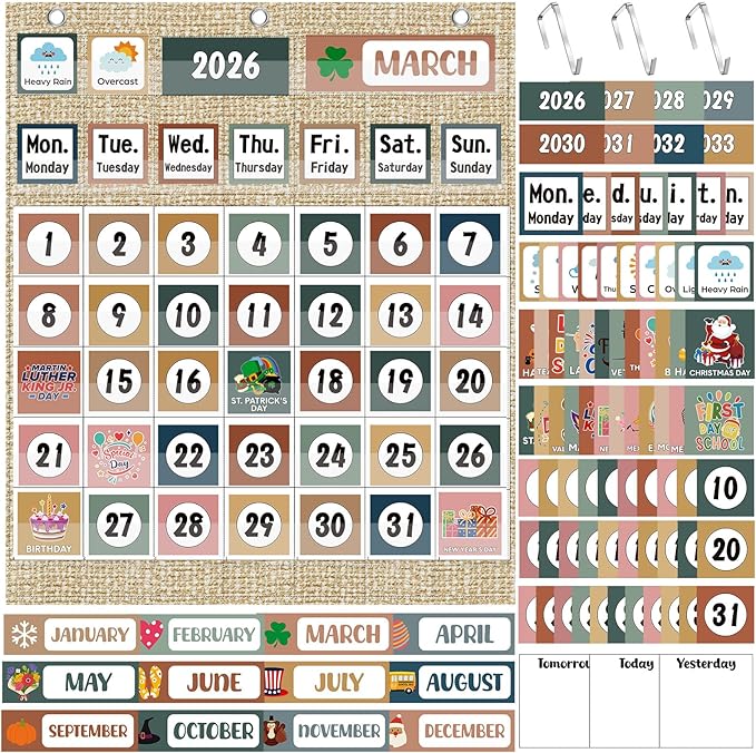 Tinlade Classroom Calendar Pocket Chart Set with 115 Cards 24 x 28 Inch Modern Neutral Calendar Bulletin Board Pocket 2026-2033 Festival Weather Teacher Supplies for Classroom Wall Decoration
