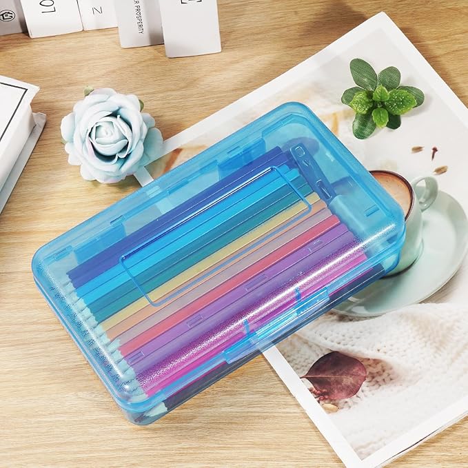Colored Plastic Pencil Box, Large Capacity Pencil Case, Pencil Boxs for Kids Adults, Hard Crayon Box Storage with Snap-Tight Lid for School Office Supplies (Blue)