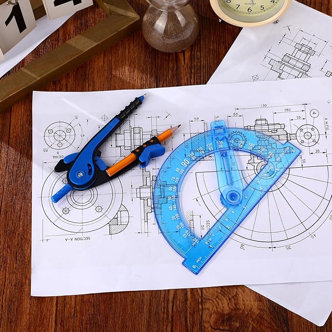 Zonon 2 Pcs Student Protractor and Compass, Student Geometry Math Set Drawing Compass and 180 Degree 6 Inch Protractor with Swing Arm for Drawing Measuring School Office (Deep Blue)