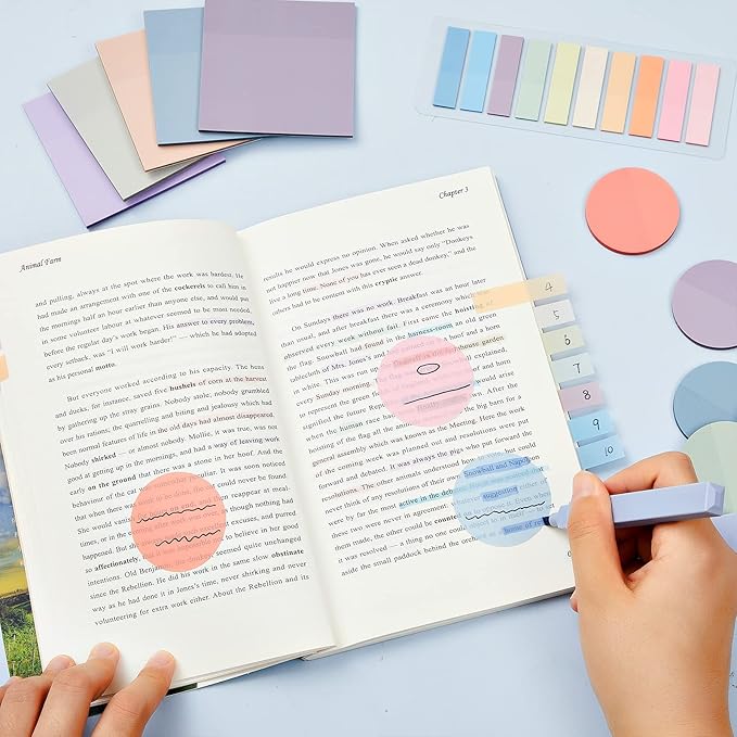 Lincia Book Annotation Kit Including 1200 Sheets Transparent Sticky Notes Index Tabs and 12 Pcs Aesthetic Pastel Cute Highlighter Set Assorted Color Clear Sticky Tabs for School Office
