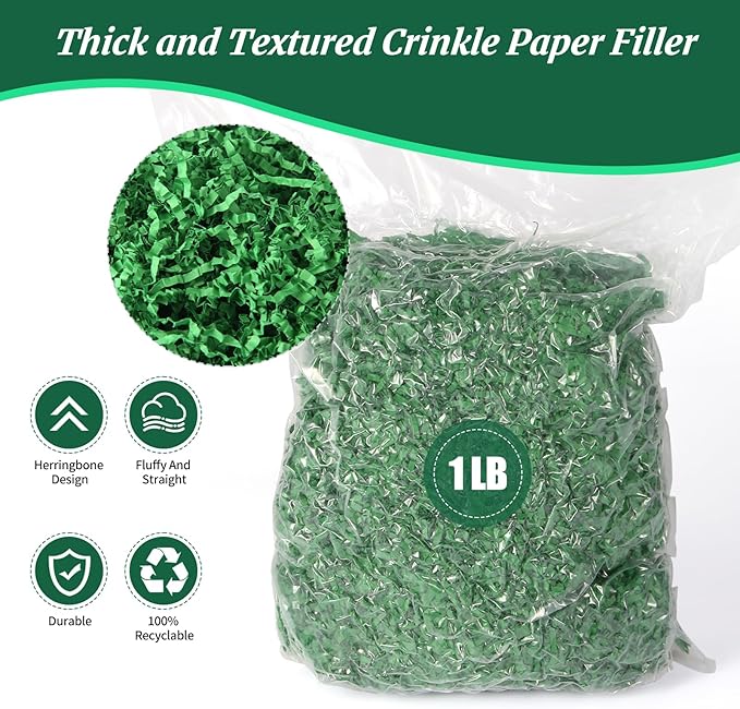 CANIYA 1 LB Green Crinkle Cut Paper Shred Filler, Shredded Paper Filling for Gift Basket, Filler Paper for Birthday, Wedding, Anniversaries