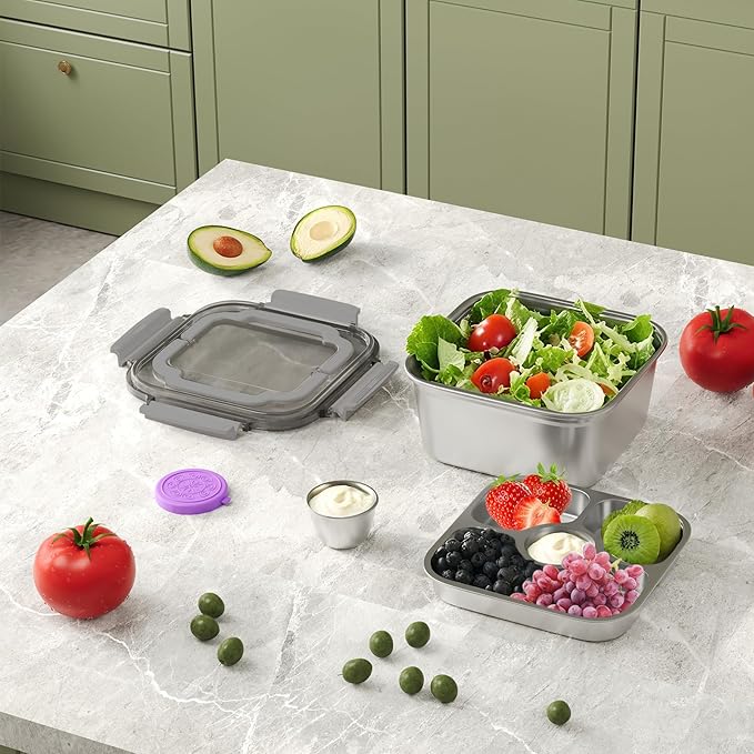 Set of 2 Salad Container for Lunch Large-60-oz Salad Bowl with Lid,3 Compartment Bento-Style Tray and 1.5-oz Salad Dressings Container,Stainless Steel container with Lids, Lunch Box, Bento Box(Grey)