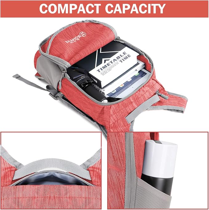 ZOMAKE Lightweight Packable Backpack, 18L Small Foldable Daypack for Hiking | Water Resistant Collapsible Backpacks for Women Men, Everyday Carry, Multi Compartment Storage, Adjustable Strap(Red)