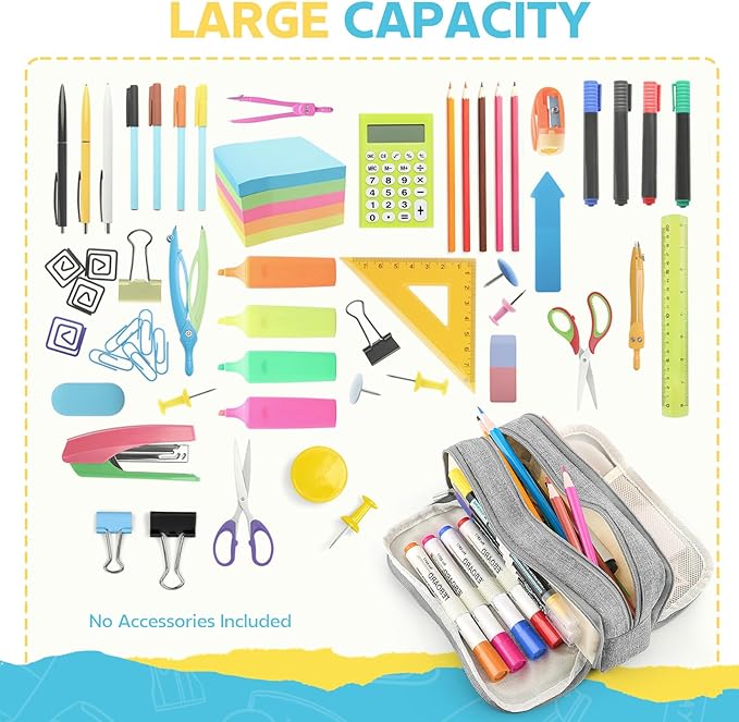 Large Capacity Pencil Case Pencil Pouch Pen Bag with 3 Compartment Stationery Organizer with Zipper, School Supplies Organizer for Teen Adults (Grey)