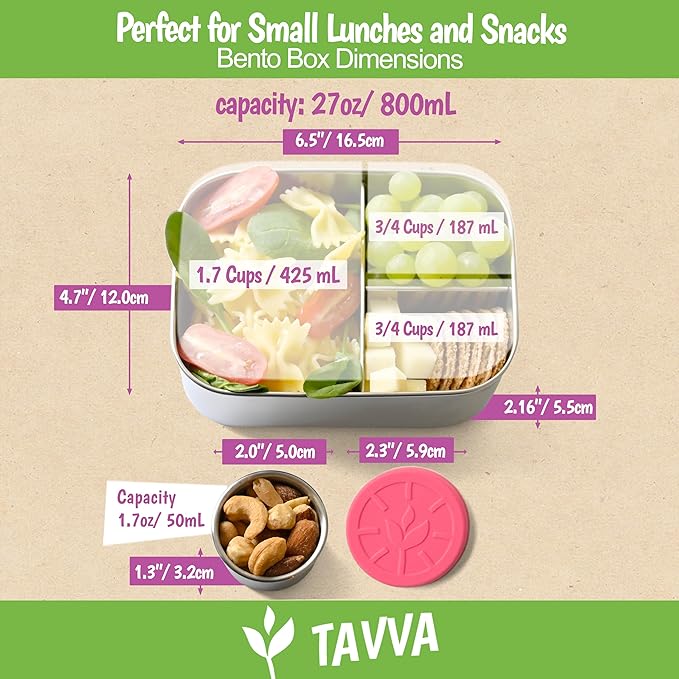 TAVVA 2-Container Lunch System Ages 6-9 - 27oz Organized Stainless Steel Bento Box for Kids with 100% Steel Lid (Dry Foods) + 1.7 Sealed Cup (All Wet Items) - Easy-Clean Design - Dishwasher Safe