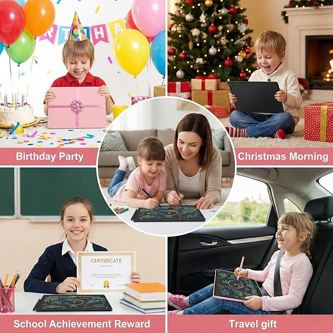 16 Inch LCD Writing Tablet for Kids 2 Pack, Large Drawing Board Doodle Pad, Colorful Screen Erasable Sketch Tablet, Travel Toys and Reusable Learning Gift for Boys Girls（Pink & Black