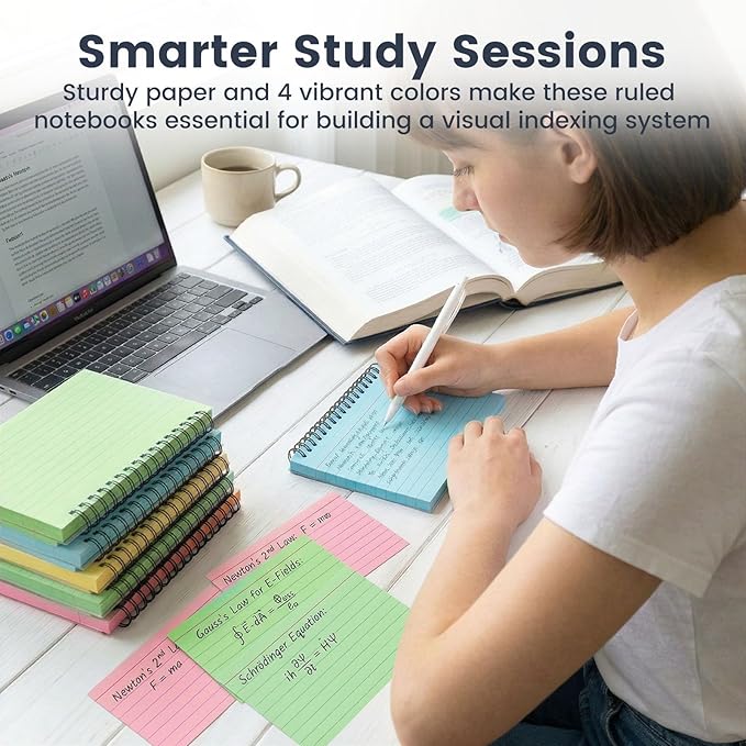 Koogel 400 PCS Spiral Index Cards 4x6 Ruled, Colored FlashCards with Rings and Waterproof PVC Covers, Heavyweight Perforated Note Cards for Studying, Note Taking, School Office Supplies (4 Colors)