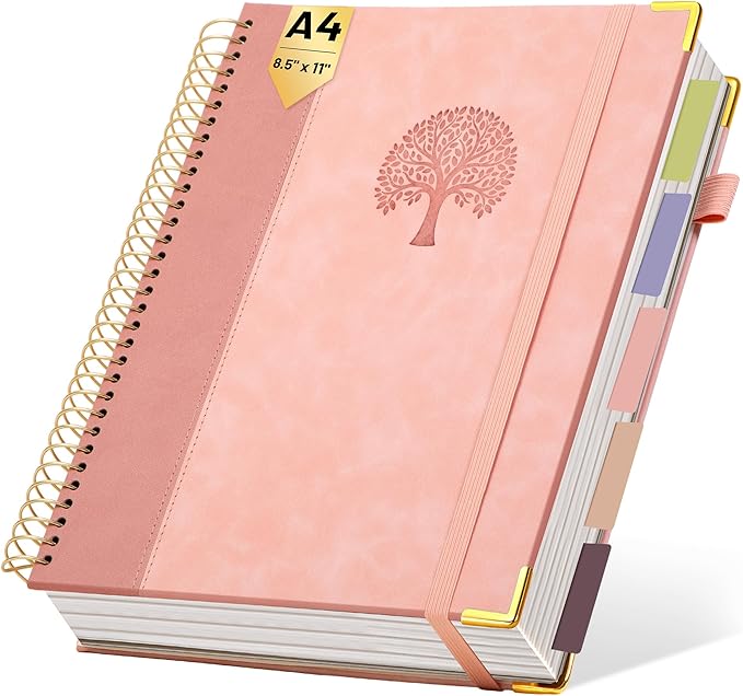 Yoment Hardcover Spiral Notebook 8.5" x 11" Pink 5 Subject Notebook College Ruled with Dividers Tabs 300 Pages Large Leather Spiral Journal Notebooks for Work School Note-Taking Business