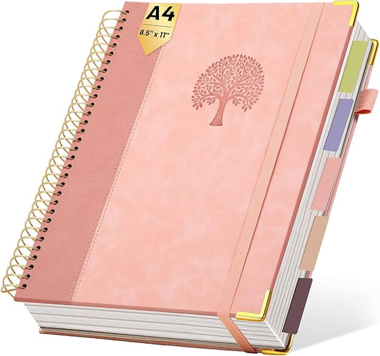 Yoment Hardcover Spiral Notebook 8.5" x 11" Pink 5 Subject Notebook College Ruled with Dividers Tabs 300 Pages Large Leather Spiral Journal Notebooks for Work School Note-Taking Business