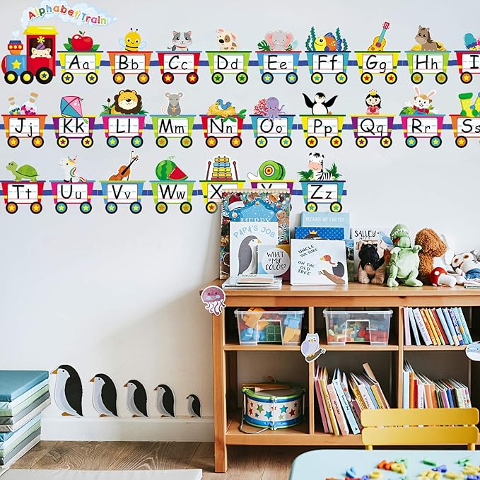 Outus Alphabet Train Bulletin Board Set Animals Alphabet Line Cards for Classroom Wall Letters Banner Decor Early Learning Bedroom Nursery Playroom Decorations Children Kids Teens