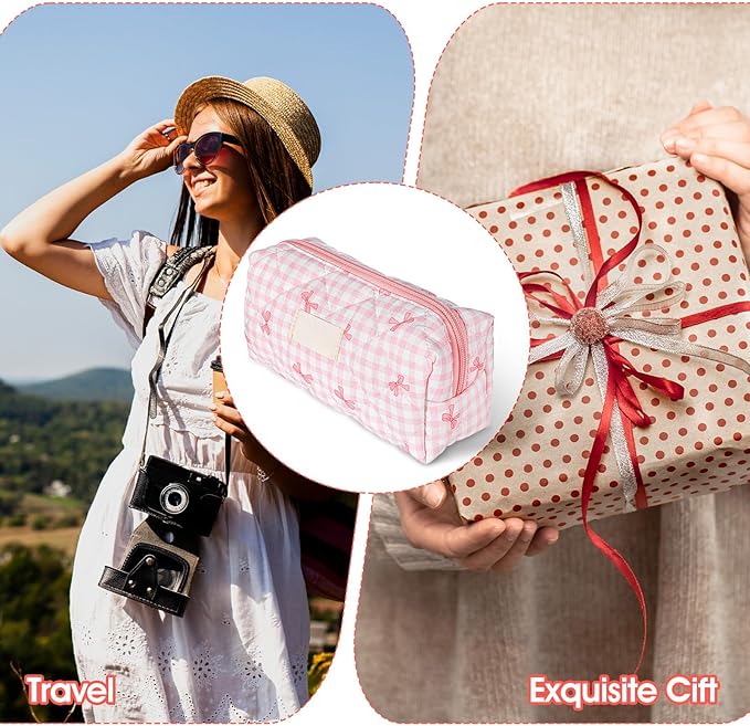 Ymapinc Pink Pencil Pouch, Soft Zipper Bow Bag, Cute Pink White Aesthetic Zipper Checkered Quilted Pencil Case for Women Ideal Makeup Bag
