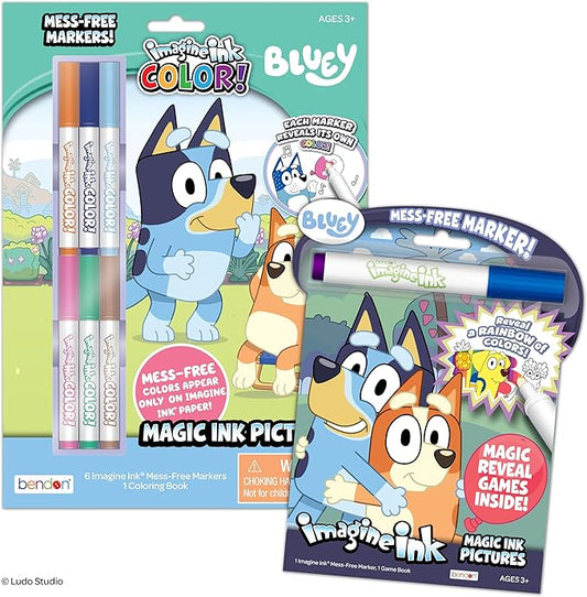 Bendon Official Bluey Imagine Ink Coloring Book Set 2 Pack with Mess-Free Markers, 16 Pages, 6 Magic Ink Markers, Built-in Storage Case, Travel Gift for Kids Ages 3+
