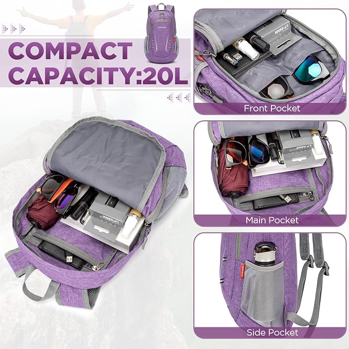 ZOMAKE Lightweight Packable Backpack, 20L Small Foldable Daypack for Hiking | Water Resistant Collapsible Backpacks for Women Men, Everyday Carry, Multi Compartment Storage,Adjustable Strap(Light Purple)