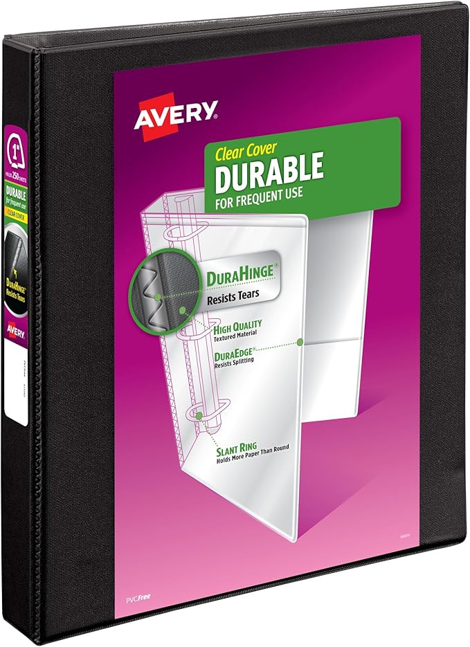 Avery Durable View 3 Ring Binder, 1 Inch Slant Rings, 250-Sheet Capacity, DuraHinge, 1.4 Inch Wide Spine, Customizable Clear Covers and Spine, 1 Black Binder (17011)