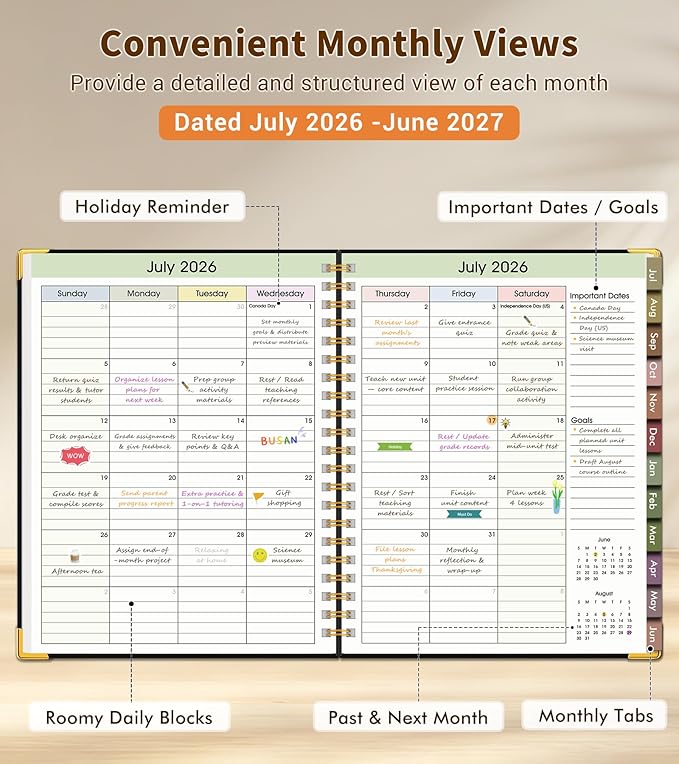Teacher Planner 2026-2027, July 2026 - June 2027, Academic Weekly & Monthly Calendar Planner with Tabs, 8.5" x 11" A4 Teacher Lesson Plan Book with 7 Periods, Daily Agenda School Organizer for Teacher Student Homeschool, Black