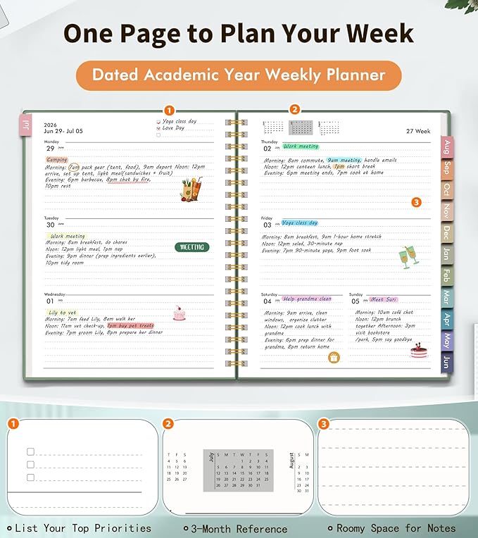 Academic Planner 2026-2027, Weekly and Monthly Calendar Planner from July 2026 - June 2027, 8.5" x 11" A4 Large Daily Agenda Book with Tabs, Flexible Cover, College School Organizer for Student Teacher,Green