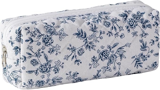 Pencil Case Office College School Storage Bag Pouch Holder Box Organizer Makeup Pouch Cosmetic Bag Aesthetic Cute Pen Case for Girls Boys Kids (Blue flower)