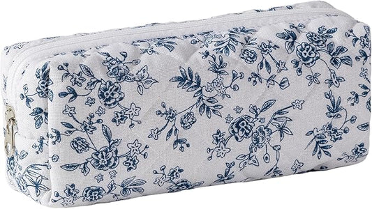 Pencil Case Office College School Storage Bag Pouch Holder Box Organizer Makeup Pouch Cosmetic Bag Aesthetic Cute Pen Case for Girls Boys Kids (Blue flower)