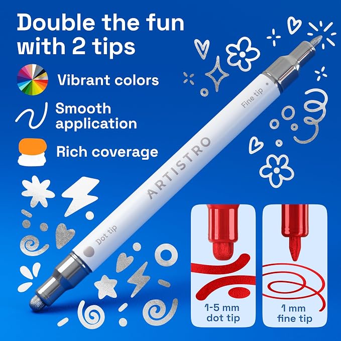 ARTISTRO 48 Metallic Dual-Tip Acrylic Paint Markers – Paint Pens Set with Dot & Fine Tips for Fabric, Rock, Glass, Wood, Coloring Books – Arts & Crafts Gift – Classroom Must Haves & School Supplies