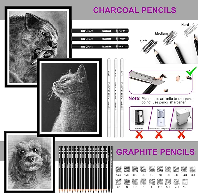 HIFORNY 60 Pcs Drawing Kit Sketching Pencil Set,Sketch Pencils Art Supplies with 3-Color Sketchbook,Graphite,Charcoal,Drawing Pencils for Adults Artists