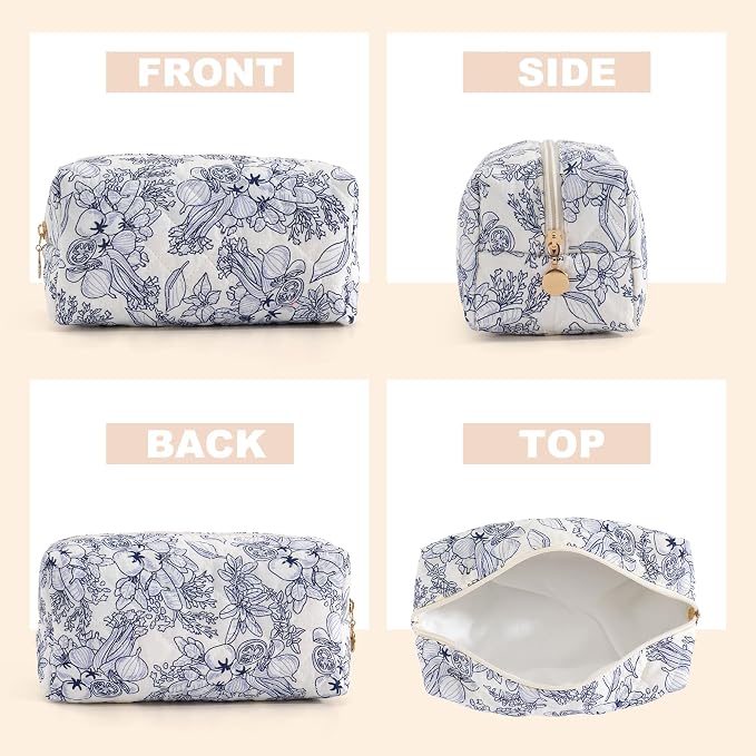Makeup Bag Travel Toiletry Bag for Women, Small Cosmetic Bags Cute Quilted Cotton Makeup Pouch for Purse Emergency Bag Pencil Case Accessory Bag, Light Cyan