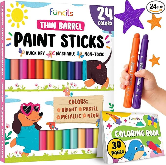 24 Thin Tempera Paint Sticks for Kids Washable (Coloring Book incl) | Non-Toxic Markers for Toddlers 1-3 | Works on Paper, Canvas, Wood, Cardboard - Painting Crayons, Art and Craft Supplies