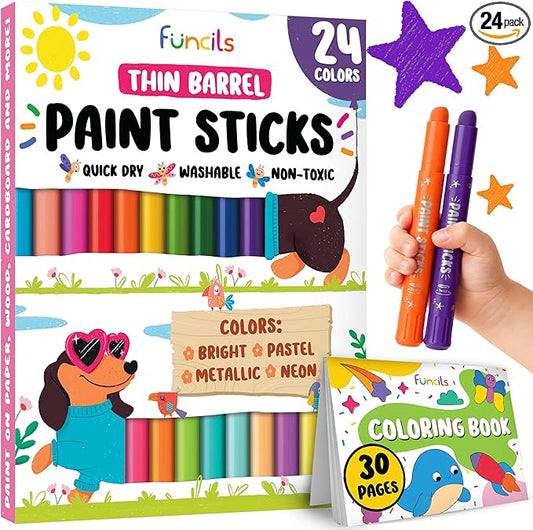 24 Thin Tempera Paint Sticks for Kids Washable (Coloring Book incl) | Non-Toxic Markers for Toddlers 1-3 | Works on Paper, Canvas, Wood, Cardboard - Painting Crayons, Art and Craft Supplies