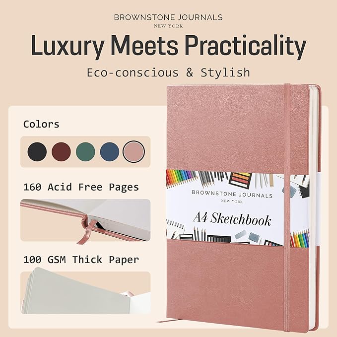 BROWNSTONE JOURNALS A4 Sketch Book Hardcover - 80 Sheets 100 GSM Paper 8.5"x11.5", Lay Flat, Vegan Leather Cover, Elastic Band, Back Pocket, Art Drawing Book (Rose Wood)