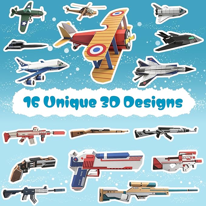 2 Themes in 1, 3D Paper Building Model, DIY Origami Kit for Kids Ages 8-12, Includes 16 Pre-cut, Easy-to-Assemble Aircraft & Weapon 3D Paper Building Models, Airplane Origami Kit for Kids Ages 8-12