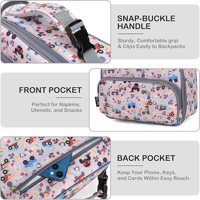 FlowFly Kids Lunch box with buckle Insulated Cooler Back to School Thermal Meal Tote Kit for Girls, Boys, Truck