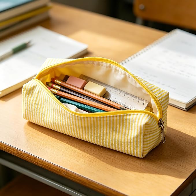 Pencil Case, Pencil Pouch for Women, Pencil Case Small, Pencil Pouch Aesthetic (Striped yellow)