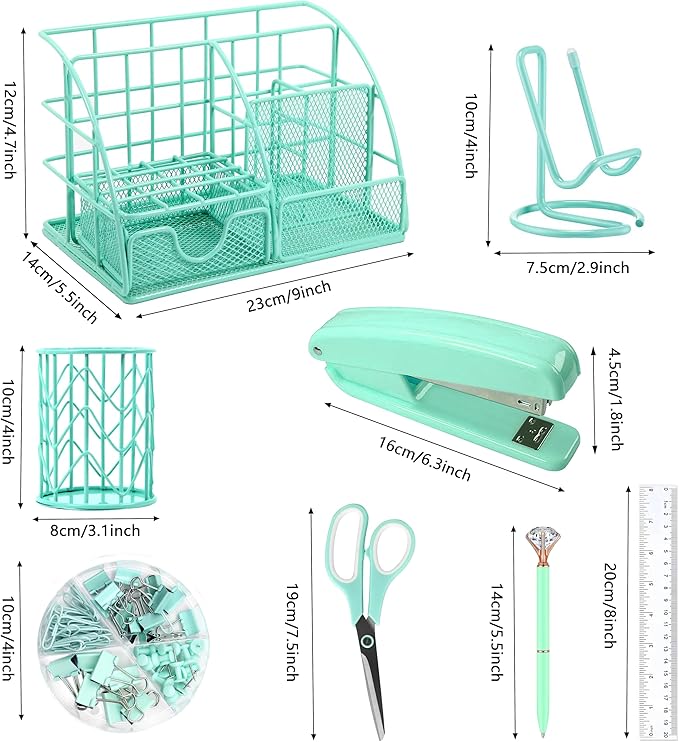 KAAKOW Green Desk Organizers and Accessories Office Supplies Set Stapler, Pen Holder, Phone Holder, Scissors, Pen, Ruler, 30 Paper Clips, 22 Binder Clip, 20 Tacks and 1000pcs Staples