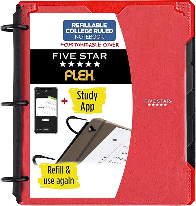 Five Star Flex Refillable Notebook + Study App, College Ruled Paper and 1 Inch TechLock Ring Binder with Customizable Cover, Pockets, Tabs and Dividers, 200 Sheet Capacity, Fire Red (29326AB2)