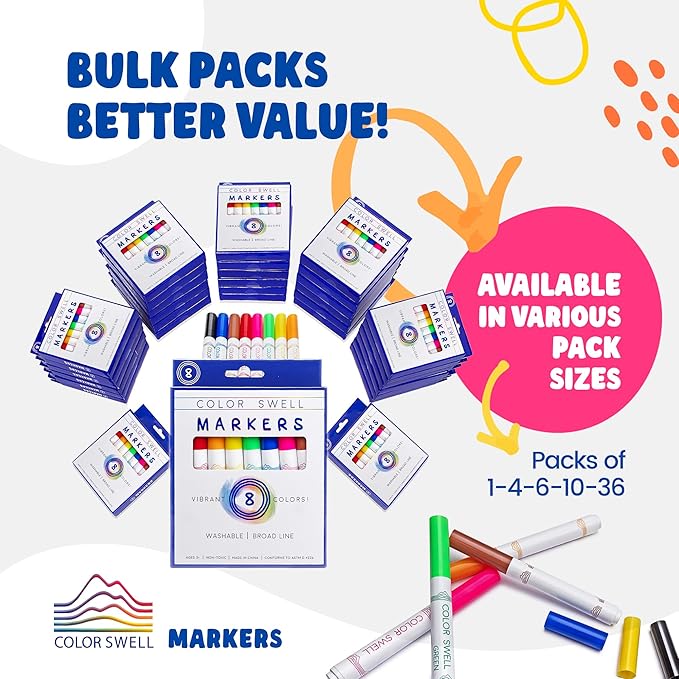 Color Swell Washable Bulk Markers 72 Packs 8 Count Vibrant Colors 576 Total Markers Bulk Perfect for Teachers, Kids and Classrooms