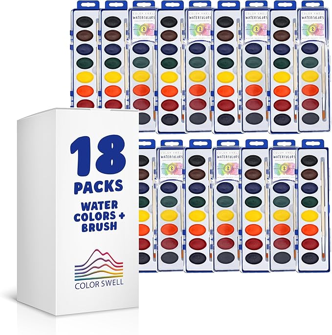 Color Swell Washable Watercolor Paint Set - 18 Pack, 8 Colors, with Wood Brush - Classroom Art Supplies for Kids
