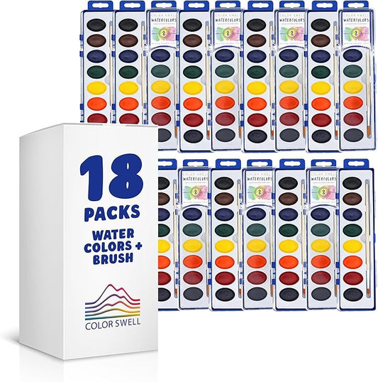 Color Swell Washable Watercolor Paint Set - 18 Pack, 8 Colors, with Wood Brush - Classroom Art Supplies for Kids