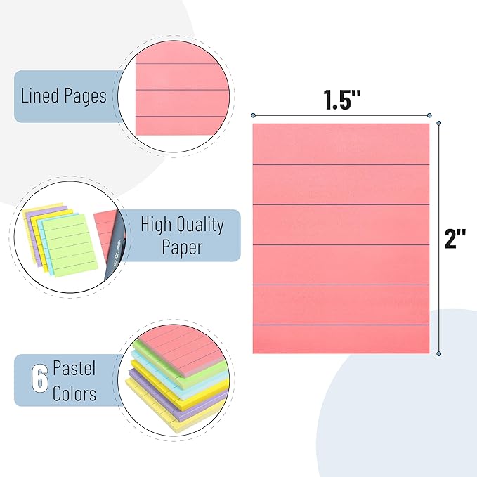 Mr. Pen- Small Lined Sticky Notes, 1.5" x 2", 6 Pads, 60 Sheets/Pad, Vibrant Color, Mini Sticky Notes with Lines, Ruled Post Stickies, Memo Pads, Self-Stick Note Pad for Office, School, Home, Study
