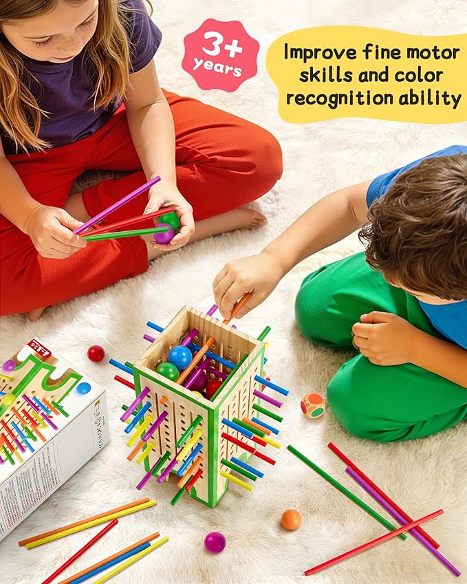 Montessori Toys Wooden Board Games for Kids 4-6, 42 Colorful Wooden Sticks Fine Motor Skills Toy for 3 4 5 6 Years Old, Math&Counting Learning Toy Family Games Travel Toys Gifts for Girls and Boys
